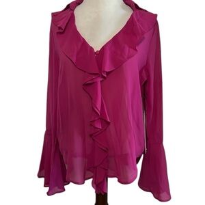 LIFE Love Eternity Blouse Ruffle Long Sleeve Dark Pink Sheer Size Small NEW